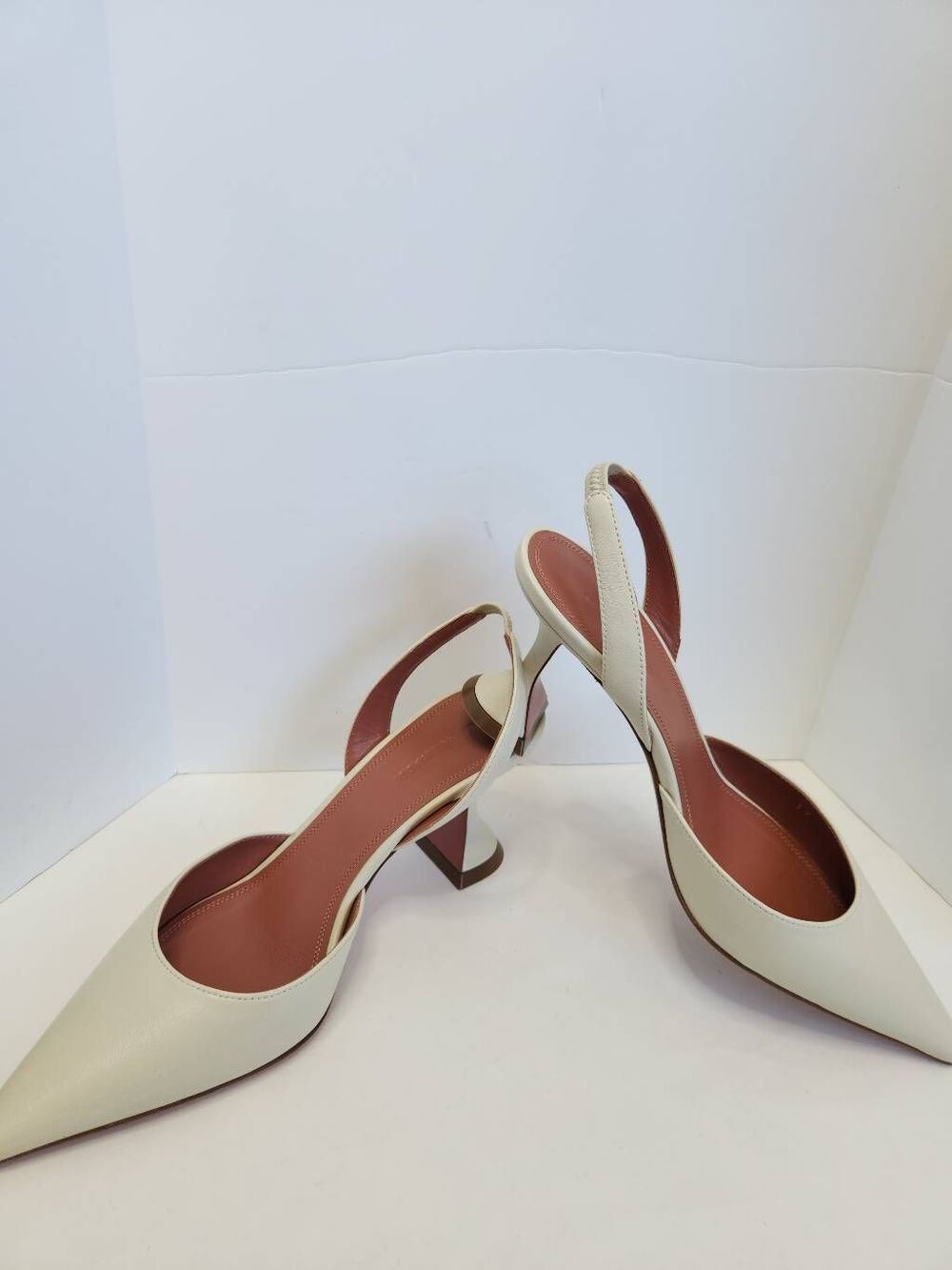 Amina Muaddi Holli White Leather Slingback Spool Heel Pumps Size 39 US 9